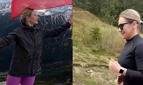 Marta Nawrocka w sportowych fatałaszkach pręży się na łańcuchach. Szczęka opada, tak wyglądała przed pałacem [zdjęcia]