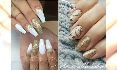 Biały manicure ze złotem - 20 pięknych wzorów na święta