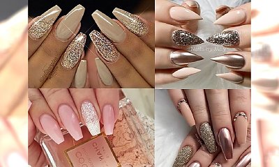 Nude manicure z dodatkiem brokatowego pyłku