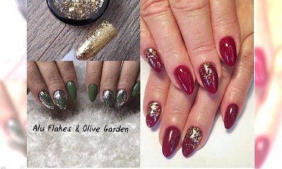 Manicure 2018: paznokcie ze złotymi płatkami. Alu flakes to hit jesieni!