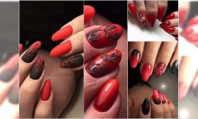 Czerwony manicure w mrocznej wersji - eleganckie wzory z koronką i czarnym ombre