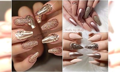 Szampański manicure w odcieniach rose gold, nude i złota. Modna opcja na święta i karnawał!