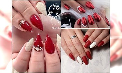 Czerwony manicure na święta. Eleganckie hybrydy ze złotem, srebrem i cyrkoniami