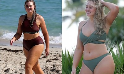 Modelka plus size zmienia kostiumy kąpielowe na plaży, a towarzyszy jej przystojny nieznajomy... Czy to dlatego jest taka szczęśliwa?