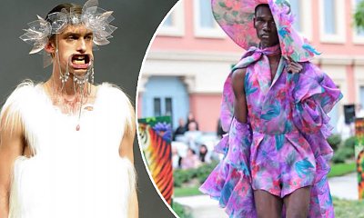Moda męska 2021 z wybiegów - pończochy, szpilki, podwiązki, sukienki i prześwitujące bluzki