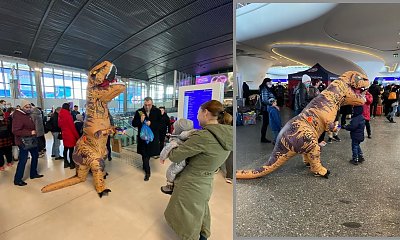 Na dworcu w Warszawie pojawił się dinozaur. W ten sposób pomaga dzieciom z Ukrainy!
