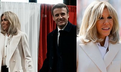 Brigitte Macron w białym płaszczu, jeansach (!) i szpilkach oddaje głos w wyborach prezydenckich. Udana stylizacja pierwszej damy?