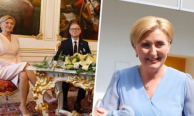 Agata wystroiła się na ostatnią podróż jako first lejdi. W niebieskiej sukience wyglądała o niebo lepiej, niż na ślubie Kingi