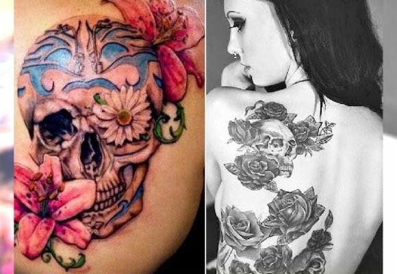 Tatuaże Z Czaszką Kobieca Wersja Mrocznego Tattoo Z Kwiecistymi Wzorami