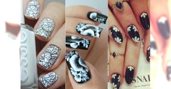 Black & white floral manicure