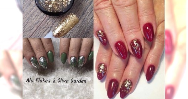 Manicure 2018: paznokcie ze złotymi płatkami. Alu flakes to hit jesieni!