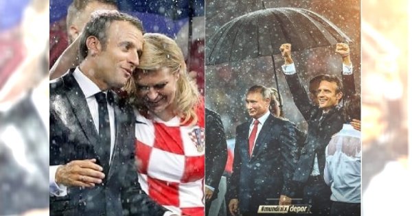 Prezydent Chorwacji przemokła na finale Mundialu. Parasoli wystarczyło tylko dla Putina!