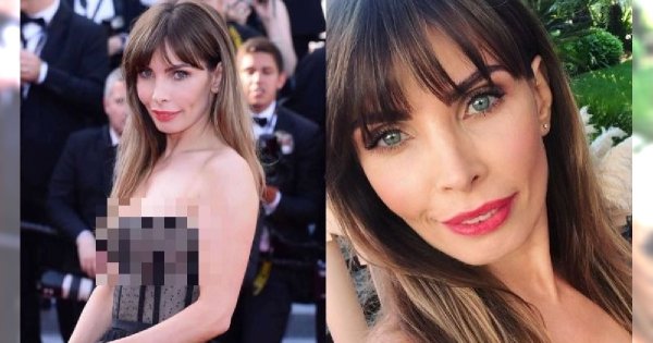 Agnieszka Dygant pokazała kreację z Cannes. Przez siateczkę prześwitywały PIERSI, a gorset wyglądał, jakby miał się za chwilę zsunąć!