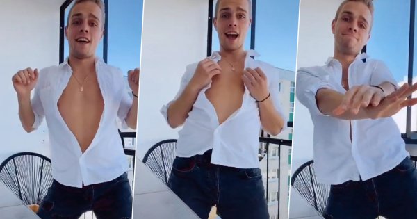 Blondino Latino w rozpiętej koszuli pokazuje klatę i uwodzi tańcem. "Ale Ty masz kocie ruchy!"