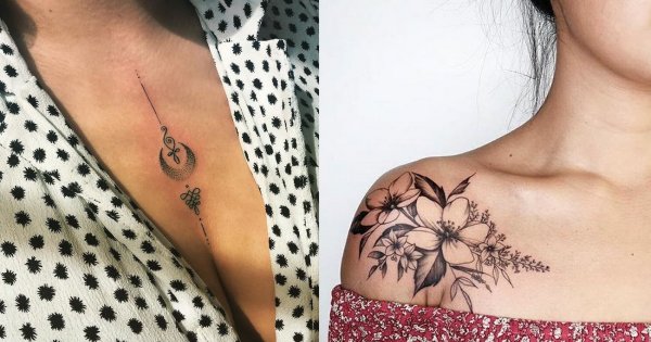 Tatuaż na dekolcie i ramieniu - 15 niezwykle kobiecych wzorów