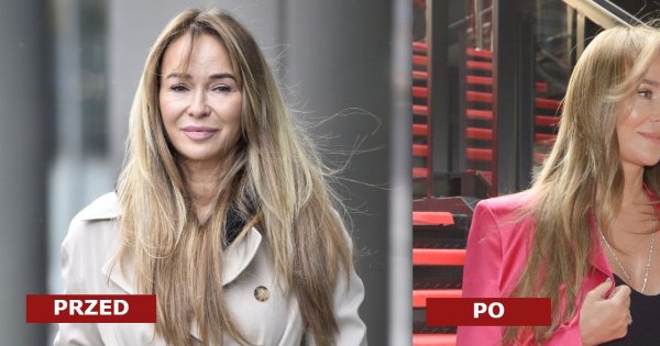Joanna Przetakiewicz w satynowej marynarce, ale my patrzymy na jej grzywkę curtain bangs w stylu lat '70! Piękna i bardzo stylowa!