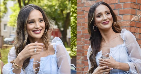 Marina Łuczenko w błękitnej mini sukience na ślubie Królikowskiego i Opozdy. Fani ostro: Jak z bazarku. Zero klasy