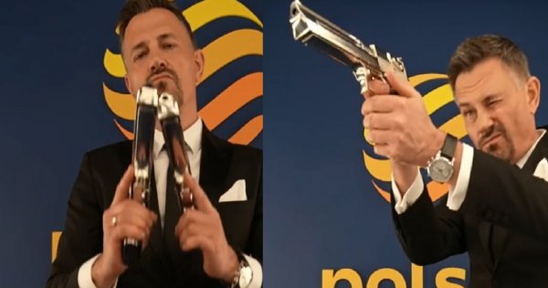 Krzysztof Ibisz jak James Bond. Srebrne pistolety w rękach prowadzącego