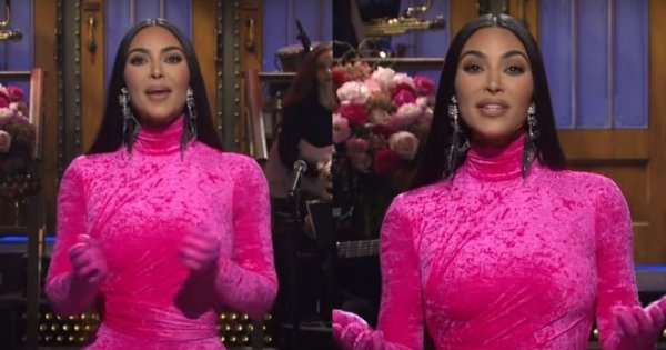 Kim Kardashian w "Saturday Night Live" w różowym kombinezonie. Żartowała z seks-taśmy! A gdy się odwróciła...