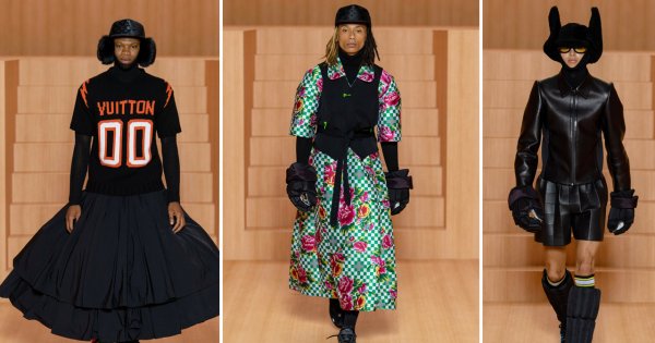 Męska moda według Louis Vuitton: sukienki, ogromne kapelusze i kozaki do krótkich spodenek