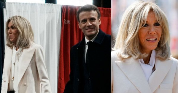 Brigitte Macron w białym płaszczu, jeansach (!) i szpilkach oddaje głos w wyborach prezydenckich. Udana stylizacja pierwszej damy?