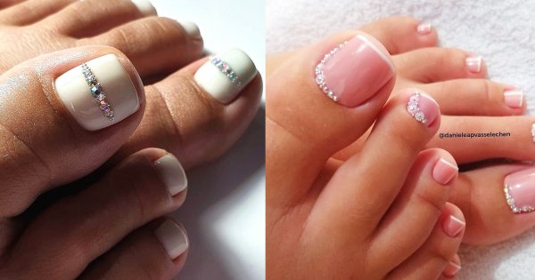 Pedicure ślubny - najmodniejsze propozycje na lato 2022! French, marmurek, cyrkonie i nie tylko! 15 inspiracji na ślubne paznokcie u stóp