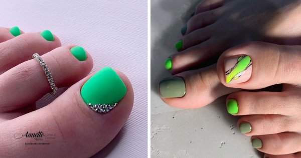 Zielone paznokcie u stóp - najmodniejsze propozycje na pedicure na sierpień 2022