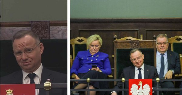 Znudzony Andrzejek na Wiejskiej stroi miny, cieszy ze szklanki wody i gapi się w telefon. Są memy i wideo