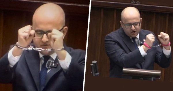 Darek zrobił spektakl w biurze na Wiejskiej. Sam się zakuł w metalowe bransoletki i dzierżył w dłoni wielki plakat Donka [wideo i memy]