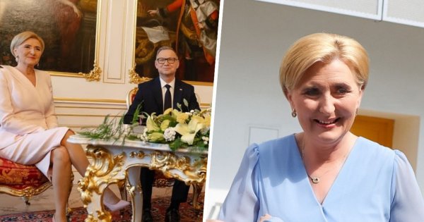 Agata wystroiła się na ostatnią podróż jako first lejdi. W niebieskiej sukience wyglądała o niebo lepiej, niż na ślubie Kingi