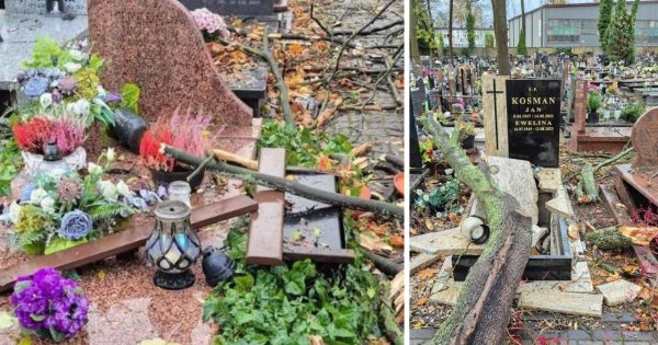 Zdewastowane nagrobki tuż przed Wszystkich Świętych. Wiatr i burza nie miały litości [zdjęcia i wideo]