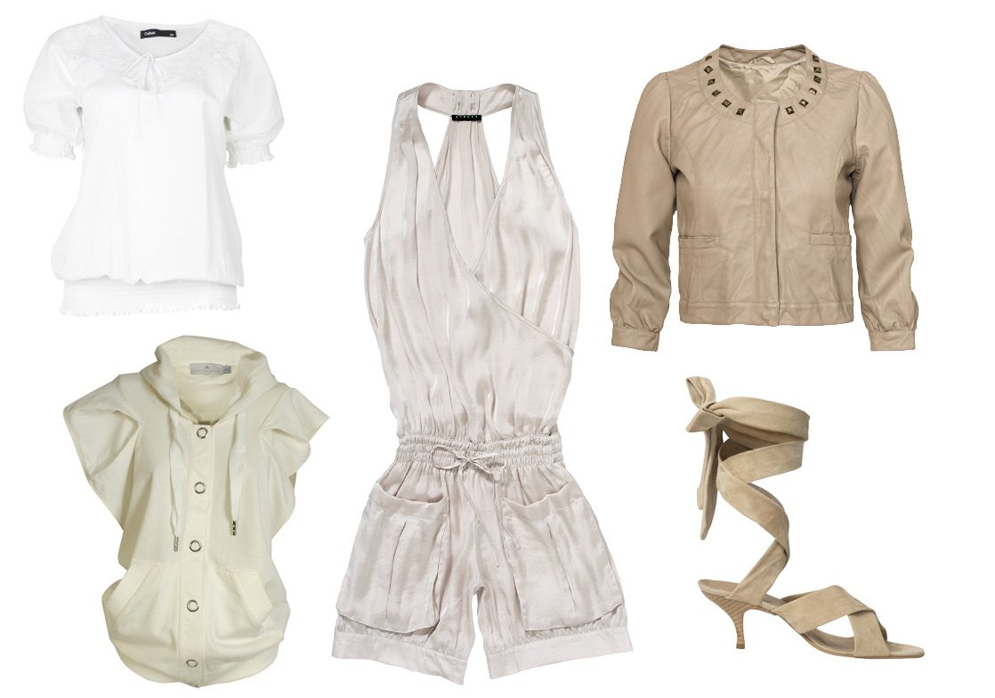 biała koszulka - Cubus; beżowa z krótkim rękawem - adidas by Stella McCartney; kombinezon - Sisley; skórzana marynarka - Kappahl; buty - Stefanel; 