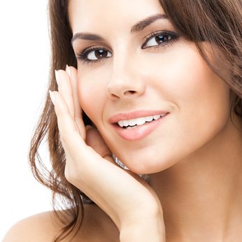Woman touching skin or applying cream, isolated
