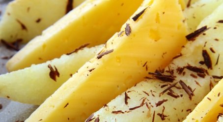 appetizer of fresh pear cheese and chocolate