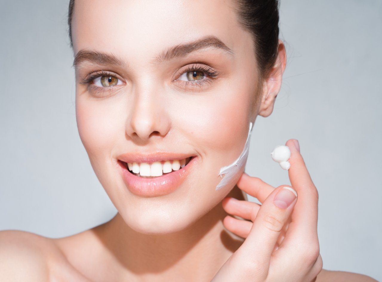 The girl's face after care cosmetics