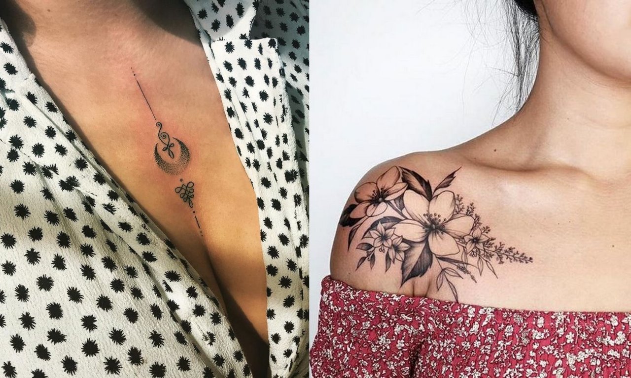 Tatuaż na dekolcie i ramieniu - 15 niezwykle kobiecych wzorów