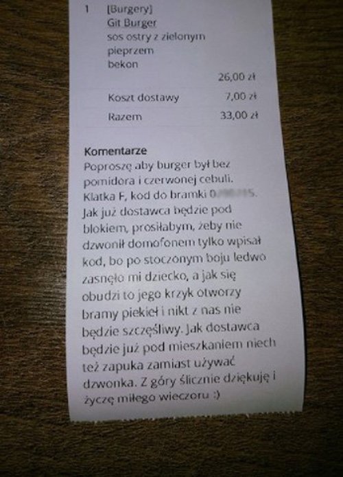 paragon za burgera z nietypową prośbą