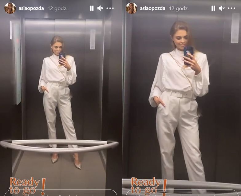 Joanna Opozda w białym komplecie robi sobie zdjęcie w windzie
