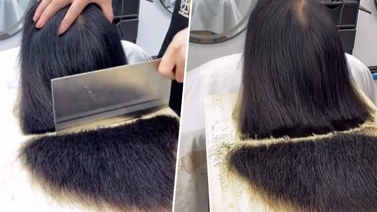 Fryzjer używa tasaka do ścinania włosów. "Mam jedno pytanie... Czy on jest mądry?!" - pyta internauta