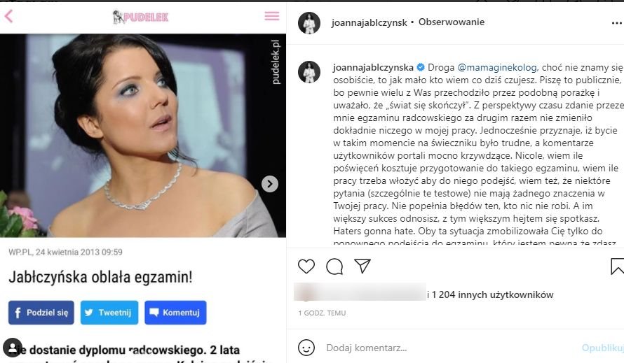 Joanna Jabłczyńska na Instagramie o egzaminie