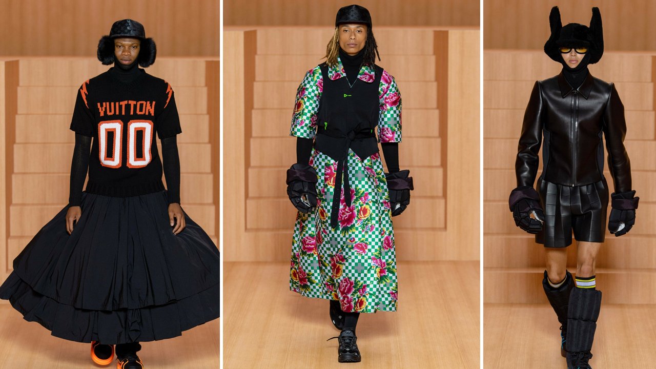Męska moda według Louis Vuitton: sukienki, ogromne kapelusze i kozaki do krótkich spodenek
