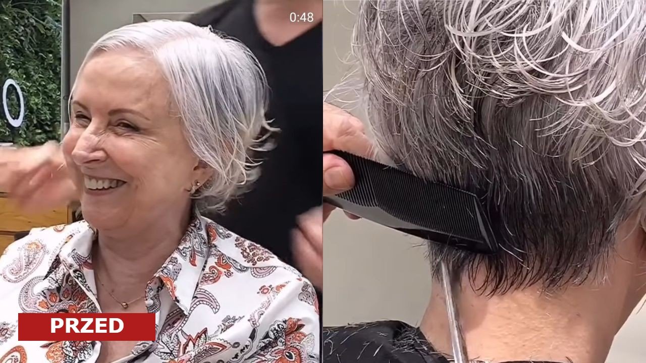 Siwowłosa kobieta zmieniła fryzurę! Odwrócony bob z wystrzyżonym karkiem kompletnie ją odmienił!
