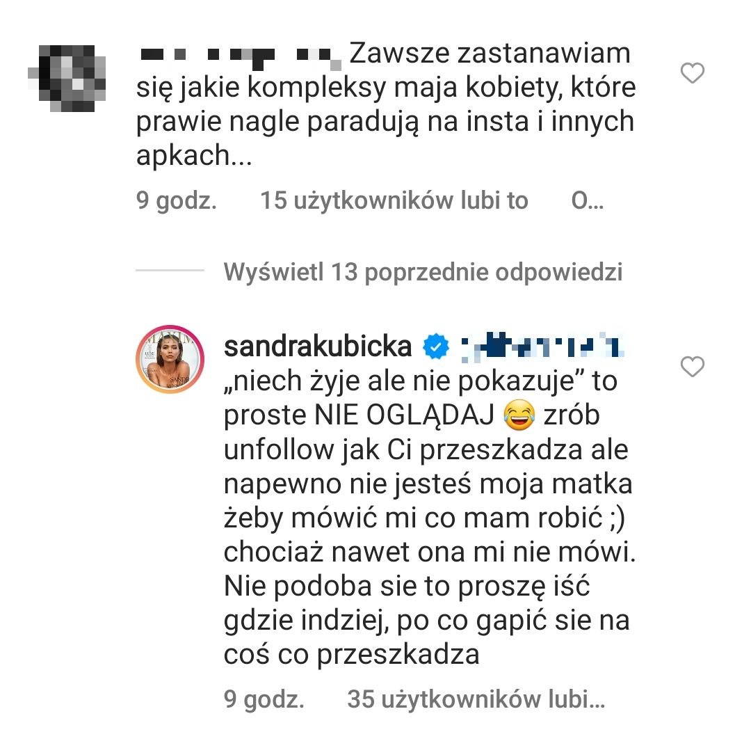 Sandra Kubica, komentarz na Instagramie