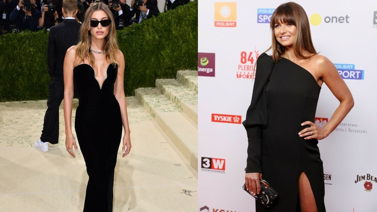 Hailey Bieber i Anna Lewandowska w czarnych sukienkach na ściance 