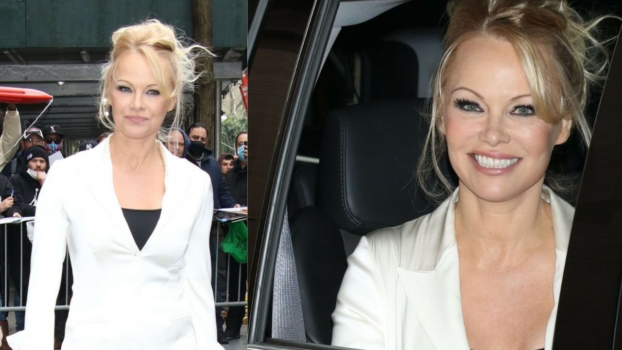 Pamela Anderson w nietypowej stylizacji... Kiczowaty look? "W koszuli i rajstopach po ulicy?" - piszą fani