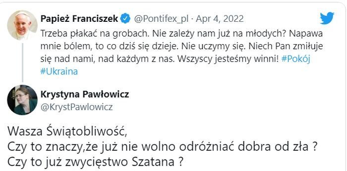 Krystyna Pawłowicz o papieżu, Twitter