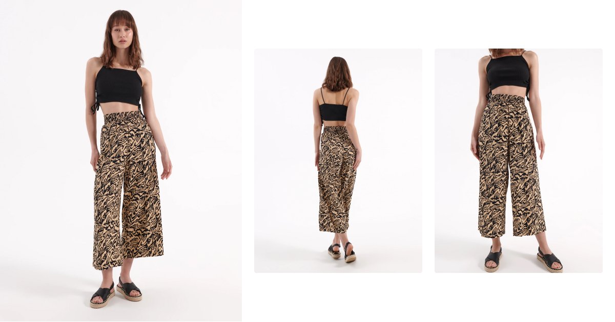 Kolaż 2 zdjęć kobiety o długich włosach w spodniach wide leg w zwierzęcy print