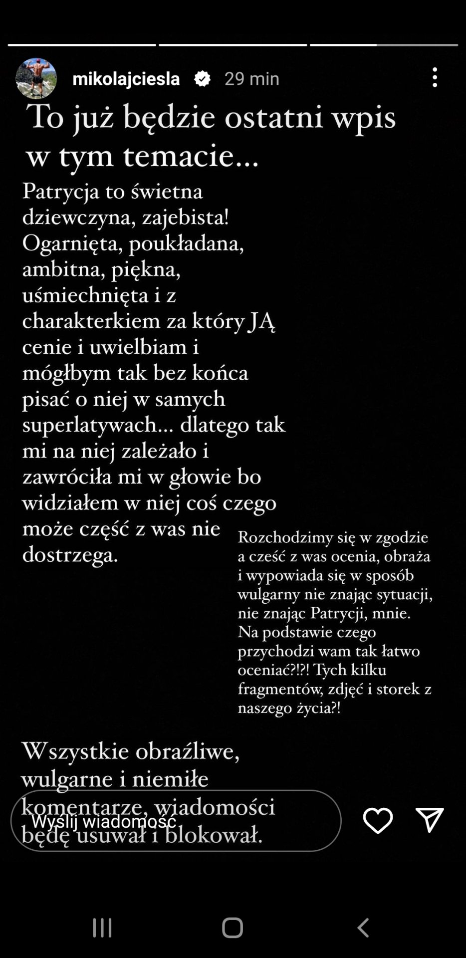 Mikołaj Cieśla, oświadczenie na Instagramie