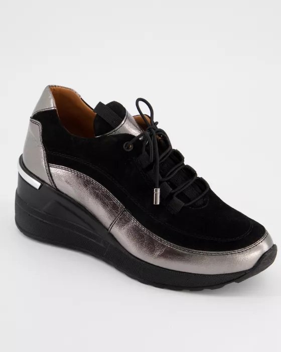 Damskie buty sportowe na koturnie - czarne sneakersy z metalicznym wykończeniem