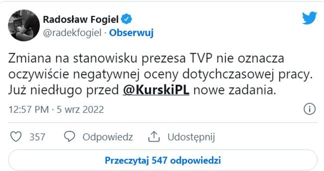 Radosław Fogiel na Twitterze o Jacku Kurskim